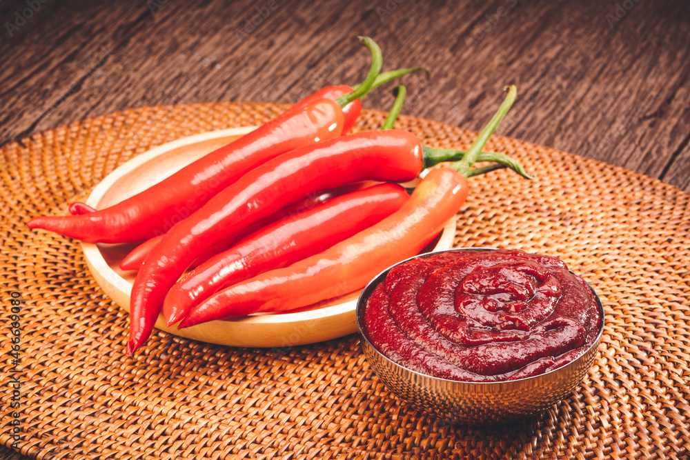 Korean pepper paste and red pepper in wooden plate, Gochujang Korean