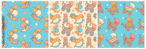 Newborn seamless pattern set. Used for cover, baby shower card, invitation, packaging. Pastel color illustration with cartoon animals and baby toys.