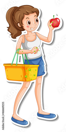 Young woman holding shopping basket with bacteria