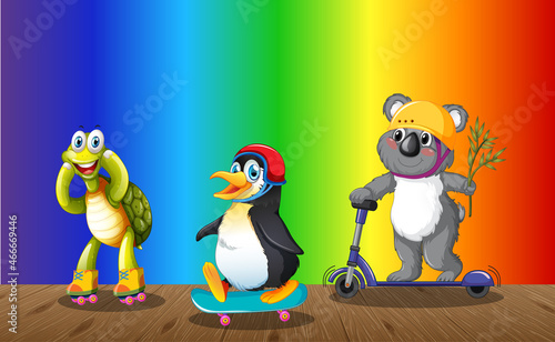 Funny animals cartoon character on rainbow gradient background