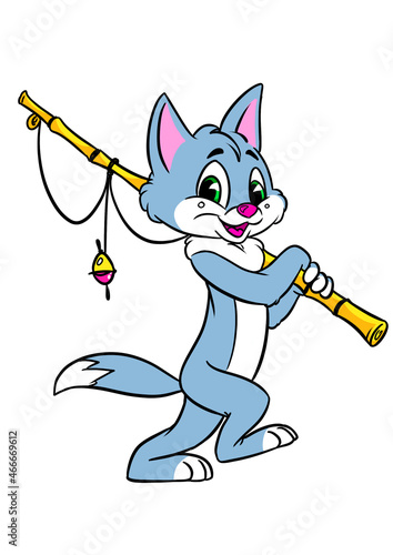 Kind cat goes for a walk fishing illustration character