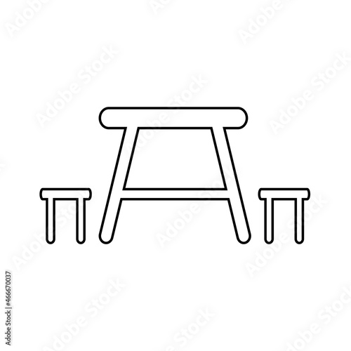 The icon is a dining table with chairs . An icon of an outdoor cafe or a place to eat at a campsite. Vector illustration isolated on a white background for design and web.