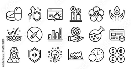 Nurse, Web timer and Seo marketing line icons set. Secure shield and Money currency exchange. Medical drugs, Chemistry lab and Safe planet icons. Idea, Update time and Trade chart signs. Vector