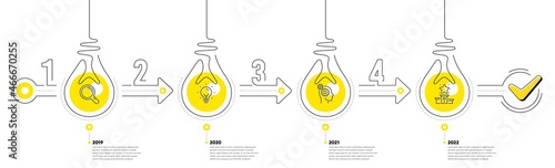 Lightbulb journey path infographics. Business Infographic timeline with 4 steps. Workflow process diagram with Research, Idea bulb, Working man and Winner star line icons. Vector