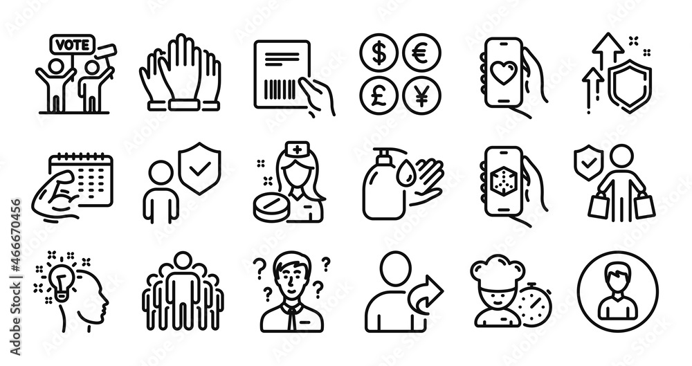 Chef, Dating app and Parcel invoice line icons set. Secure shield and Money currency exchange. Security, Buyer insurance and Wash hands icons. Nurse, Support consultant and Group signs. Vector