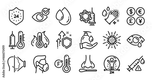 Thermometer, Washing hands and Coronavirus vaccine line icons set. Secure shield and Money currency exchange. 24 hours, Coronavirus and Medical mask icons. Vector