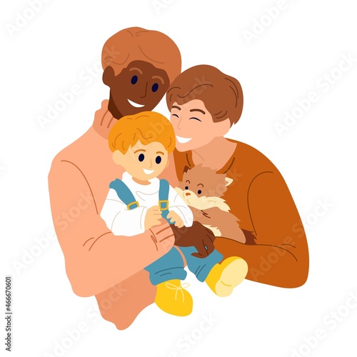 LGBTQ parents hugs their child and dog. Young LGBT family consists of two fathers and a boy. Happy same-sex male couple with son and cute pet. Multinational family life. Vector isolated illustration
