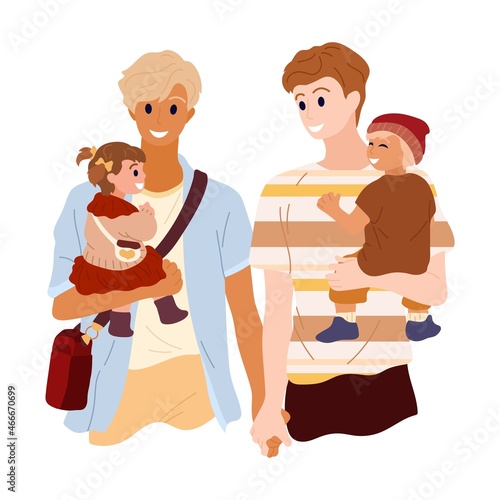 Multinational LGBTQ parents hugs their children. Happy LGBT family with son and daughter. Joyful fathers hold hands. Young same-sex male couple hugs their babies on walk. Vector isolated illustration