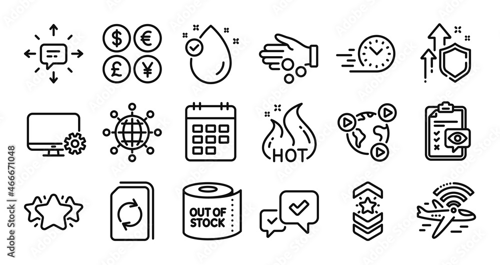 International globe, Toilet paper and Airplane wifi line icons set. Secure shield and Money currency exchange. Shoulder strap, Sms and Calendar icons. Vector