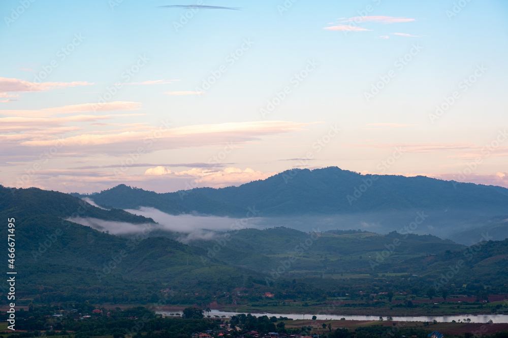 Landscape with clouds,sky and  mountains of northern Thailand.The mountain splits between Chiang Khong and Chiang Saen districts.