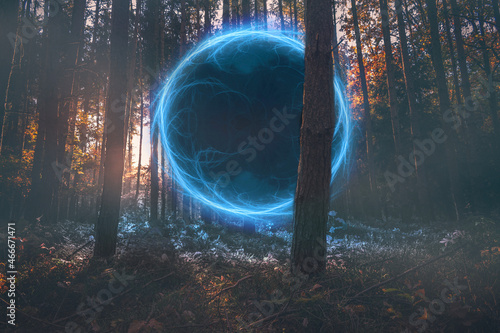 Magical portal in the forest, science fiction illustration photo