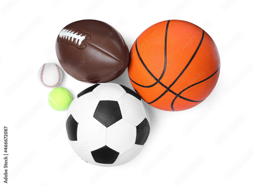 Set of different sport balls on white background, top view Set of different sport balls on white background, top view