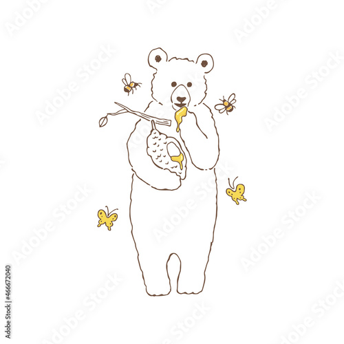 蜂蜜を食べる熊のシンプルな手描きイラスト