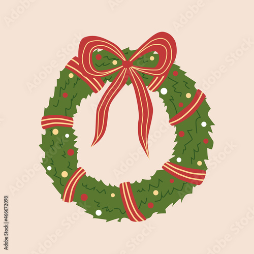Christmas wreath doodle. Vector illustration in green, red and yellow color. Christmas wreath with striped ribbon and bow. Vector clipart for Christmas and New Year.