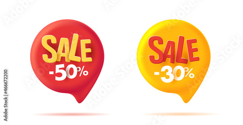 Set of 3d speech bubbles tags illustration withdiscount off 30 and 50 percent, in red and yellow colors