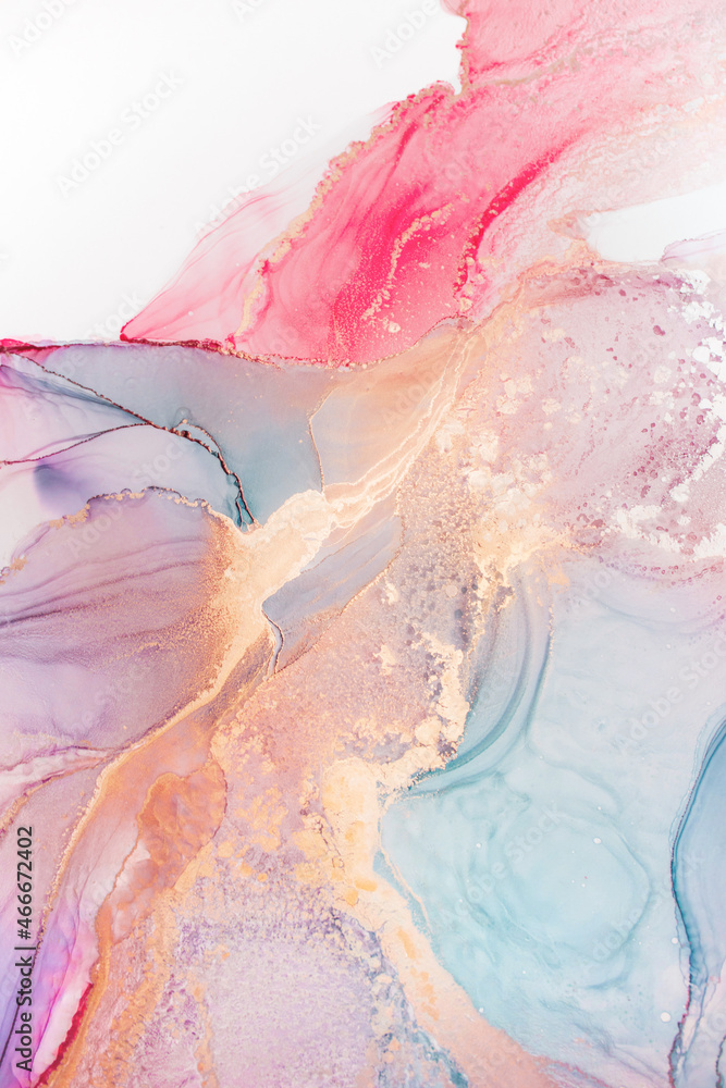 Naklejka premium Marble stone glowing golden veins. High resolution. Abstract fluid art painting in alcohol ink technique, mixture blue, red and gold paints. 