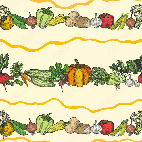 Seamless pattern with organic vegetables. Hand drawn vintage background. Vector