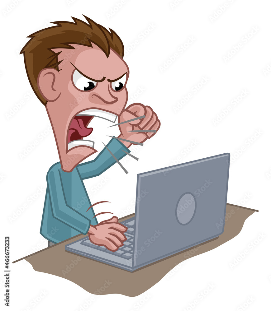 Angry Stressed Man Shouting at Laptop Cartoon Angry Stressed Man Shouting at Laptop Cartoon