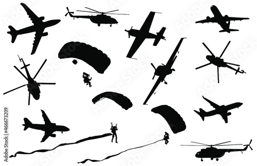 Silhouettes of aircraft, helicopters and parachutists isolated on white background. Set of silhouettes of aviation equipment and parachutists for business and industry. Vector. Illustration.