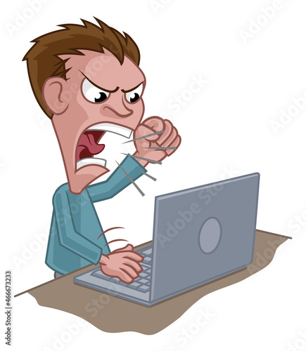 Angry Stressed Man Shouting at Laptop Cartoon