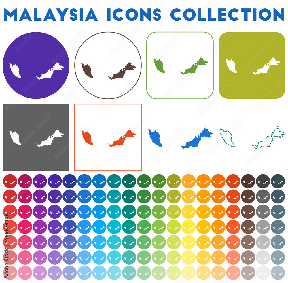 Malaysia icons collection. Bright colourful trendy map icons. Modern Malaysia badge with country map. Vector illustration.