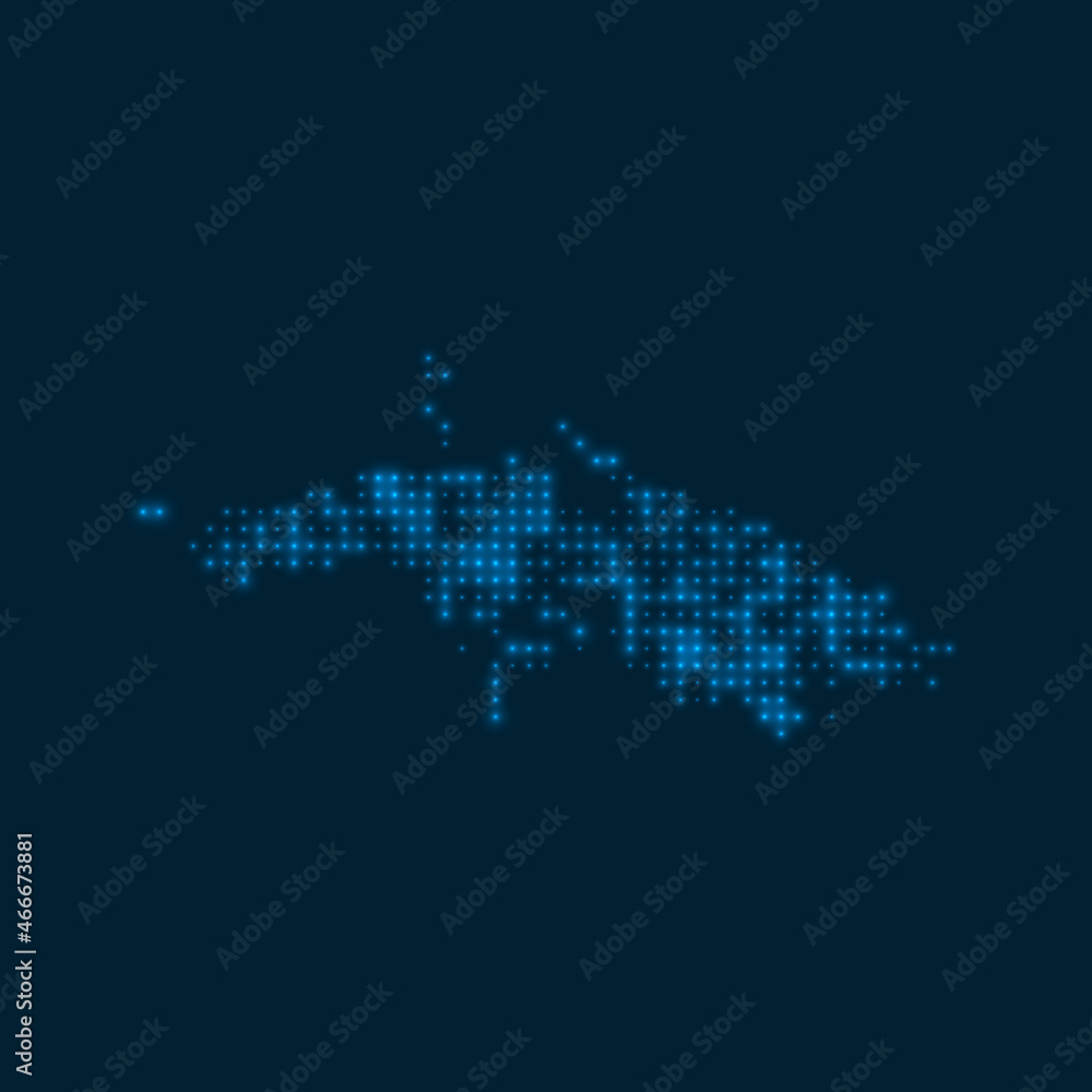 Saint Thomas dotted glowing map. Shape of the island with blue bright bulbs. Vector illustration.