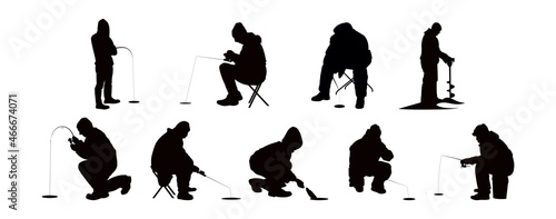 Vector set silhouette of the fisherman on winter fishing. Fishermen in the winter. Ice Fishing activity