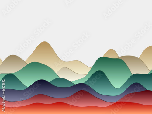 Abstract mountains background. Curved layers in contrast red green brown colors. Papercut style hills. Creative vector illustration.