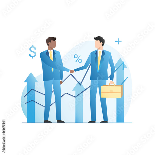 Meeting in office of business people in suits. Men formalized successful deal for money, signed good contract, agreement. Directors, partners of companies, enterprises shake hands. Rich young guys.