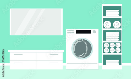 vector bathroom interior with washing machine and clothes rack. flat image of washing machine and bathroom mirror