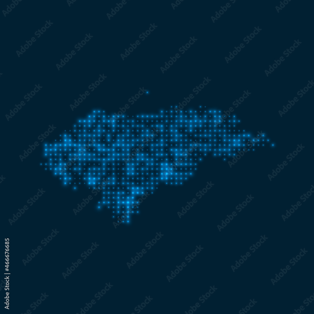 Honduras dotted glowing map. Shape of the country with blue bright bulbs. Vector illustration.