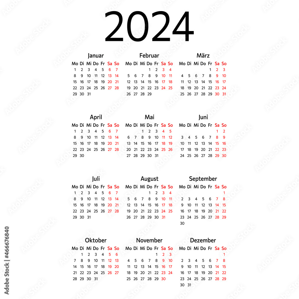 German calendar for 2024. Week starts on Monday. Vector illustration. German calendar for 2024. Week starts on Monday. Vector illustration.