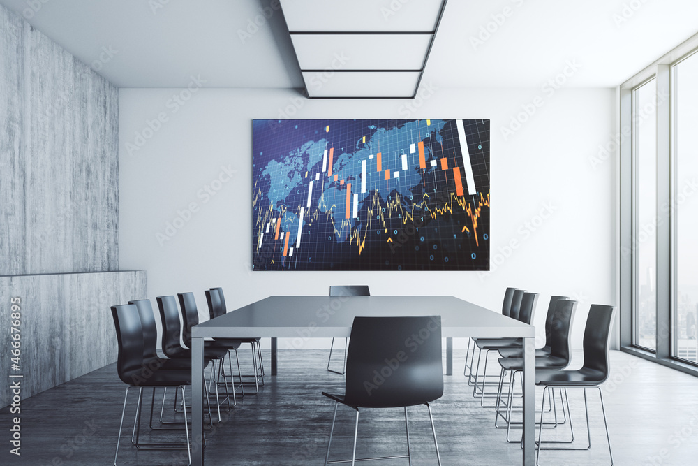 Abstract financial graph and world map on tv display in a modern presentation room, financial and trading concept. 3D Rendering Abstract financial graph and world map on tv display in a modern presentation room, financial and trading concept. 3D Rendering