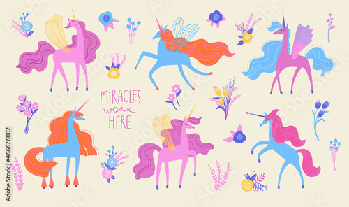 Obraz na plátně Fairy set with unicorn illustrations and flowers.