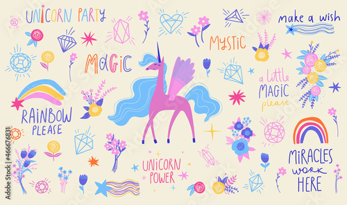 Set with cute unicorn and girly elements