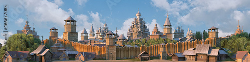 Wide panorama of ancient traditional russian wooden fortress in the hill. Historical wooden fantasy fortress with forest and skyline. 3D rendered illustration photo