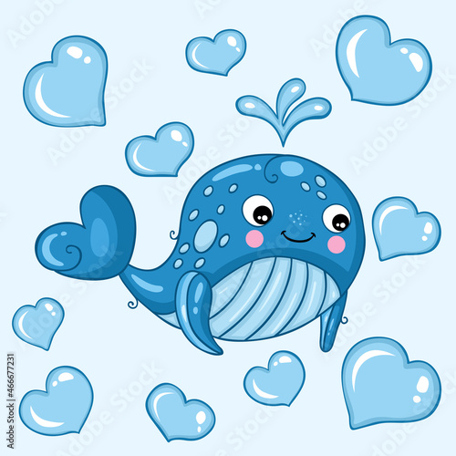 Flat card of little funny smiling whale with hearts