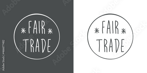 Banner con frase Fair Trade manuscrito en círculo con estrellas en fondo gris y fondo blanco