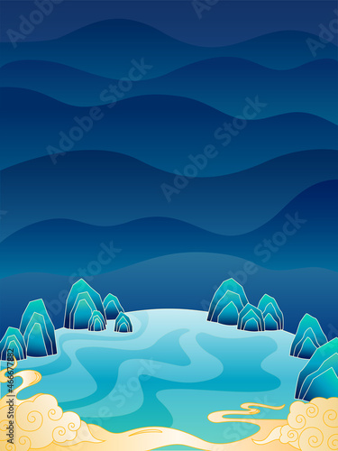 Guochao or China-Chic illustration of natural landspace. Auspicious clouds are floating in the mountains and the river is flowing.