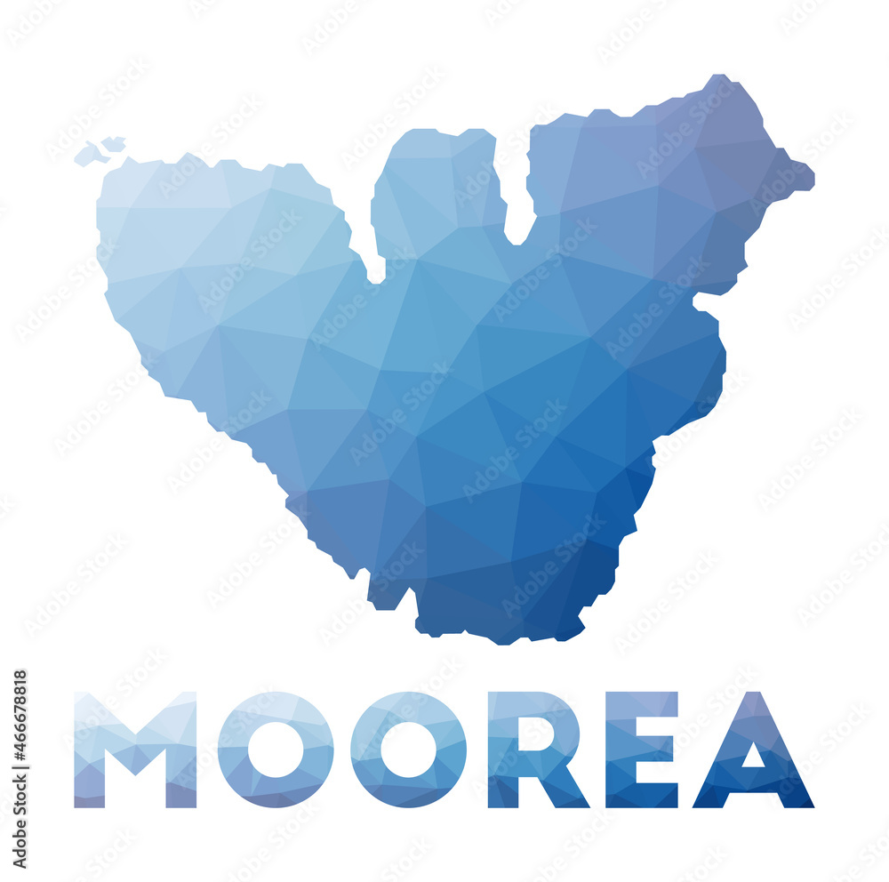 Low poly map of Moorea. Geometric illustration of the island. Moorea polygonal map. Technology, internet, network concept. Vector illustration.
