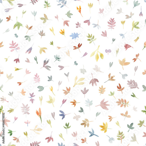 Watercolor leaves cute seamless pattern. Print for textiles, packaging, covers. Handmade with paints on paper. © flovie