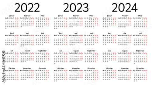 German calendars set for 2022, 2023, 2024. Week starts on Monday. Vector illustration.