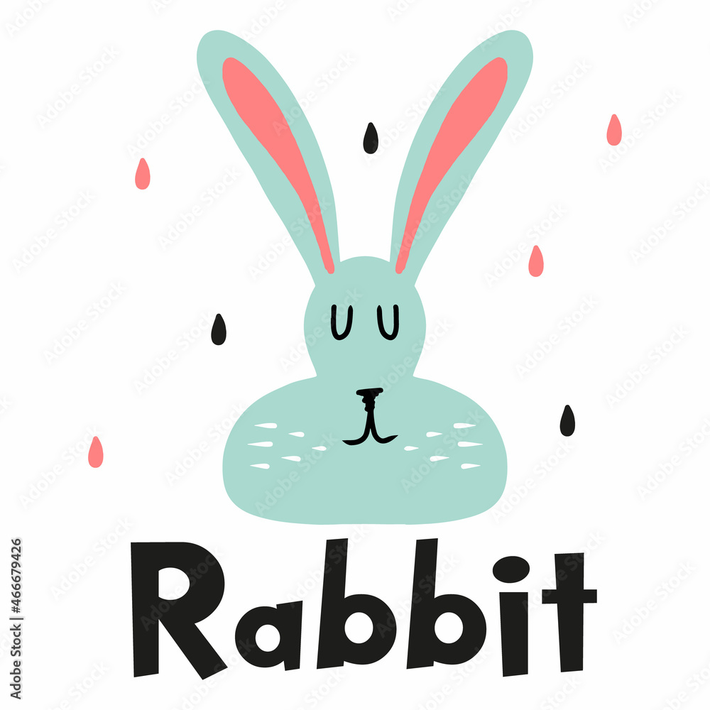 Obraz premium Childrens hand drawn poster with blue rabbit and stars. The illustration is suitable for, postcard, print, poster, label.