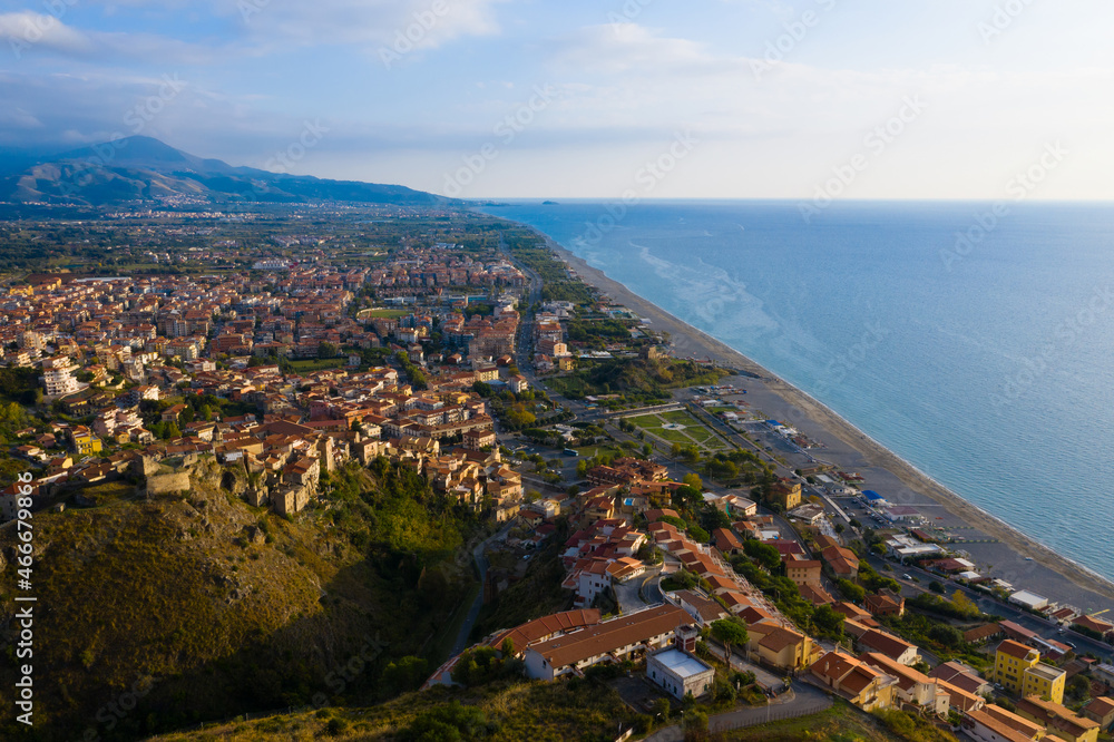 Aerial view of Scalea city and sea coast at sunse, province of Cosenza, Calabria region, south Italy.