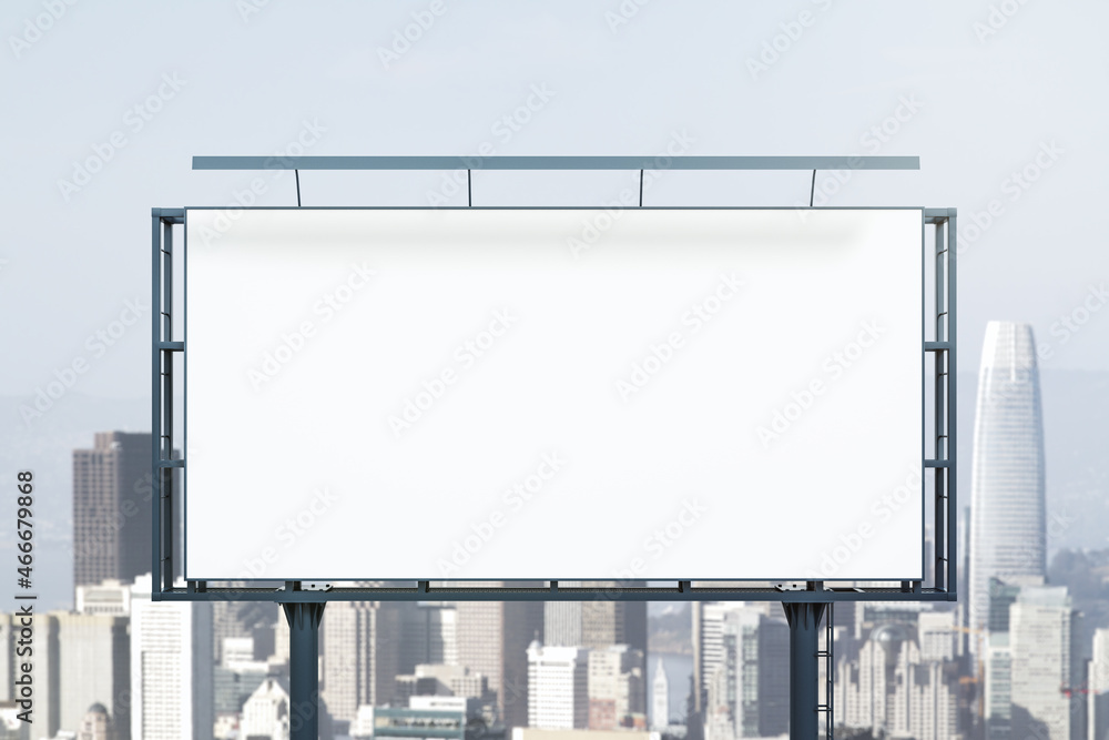 Blank white horizontal billboard on skyline background at daytime, front view. Mock up, advertising concept Blank white horizontal billboard on skyline background at daytime, front view. Mock up, advertising concept