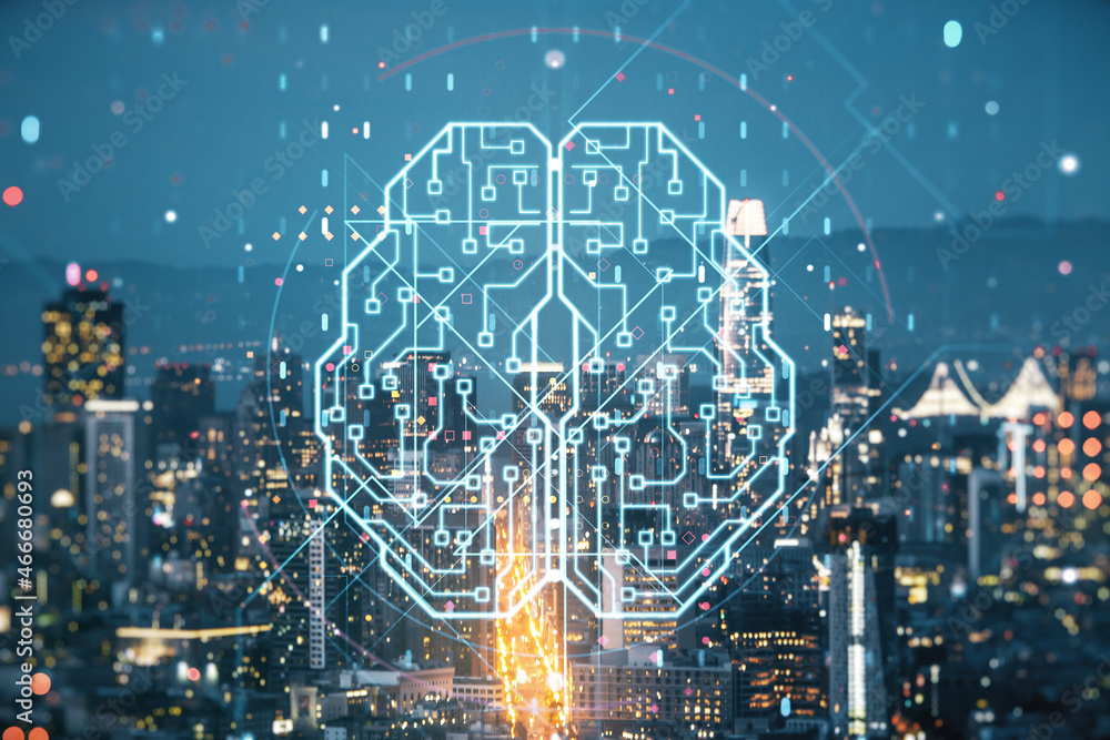Double exposure of creative artificial Intelligence interface on San Francisco city skyscrapers background. Neural networks and machine learning concept Double exposure of creative artificial Intelligence interface on San Francisco city skyscrapers background. Neural networks and machine learning concept