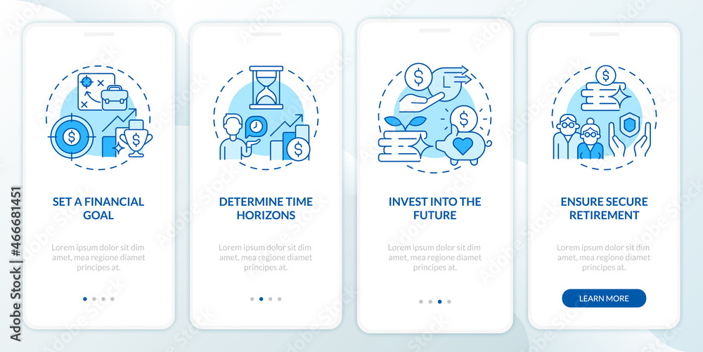Retirement plan onboarding mobile app page screen. Preparation period for pension walkthrough 4 steps graphic instructions with concepts. UI, UX, GUI vector template with linear color illustrations Retirement plan onboarding mobile app page screen. Preparation period for pension walkthrough 4 steps graphic instructions with concepts. UI, UX, GUI vector template with linear color illustrations