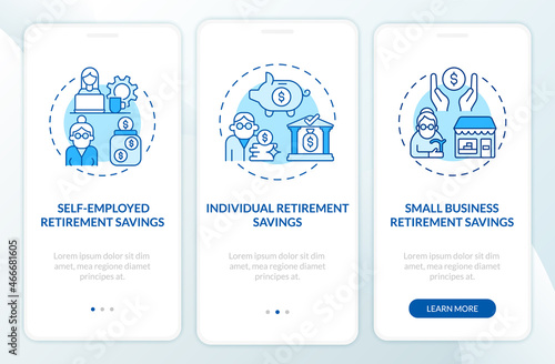 Saving options onboarding mobile app page screen. Self-employed retirement savings walkthrough 3 steps graphic instructions with concepts. UI, UX, GUI vector template with linear color illustrations