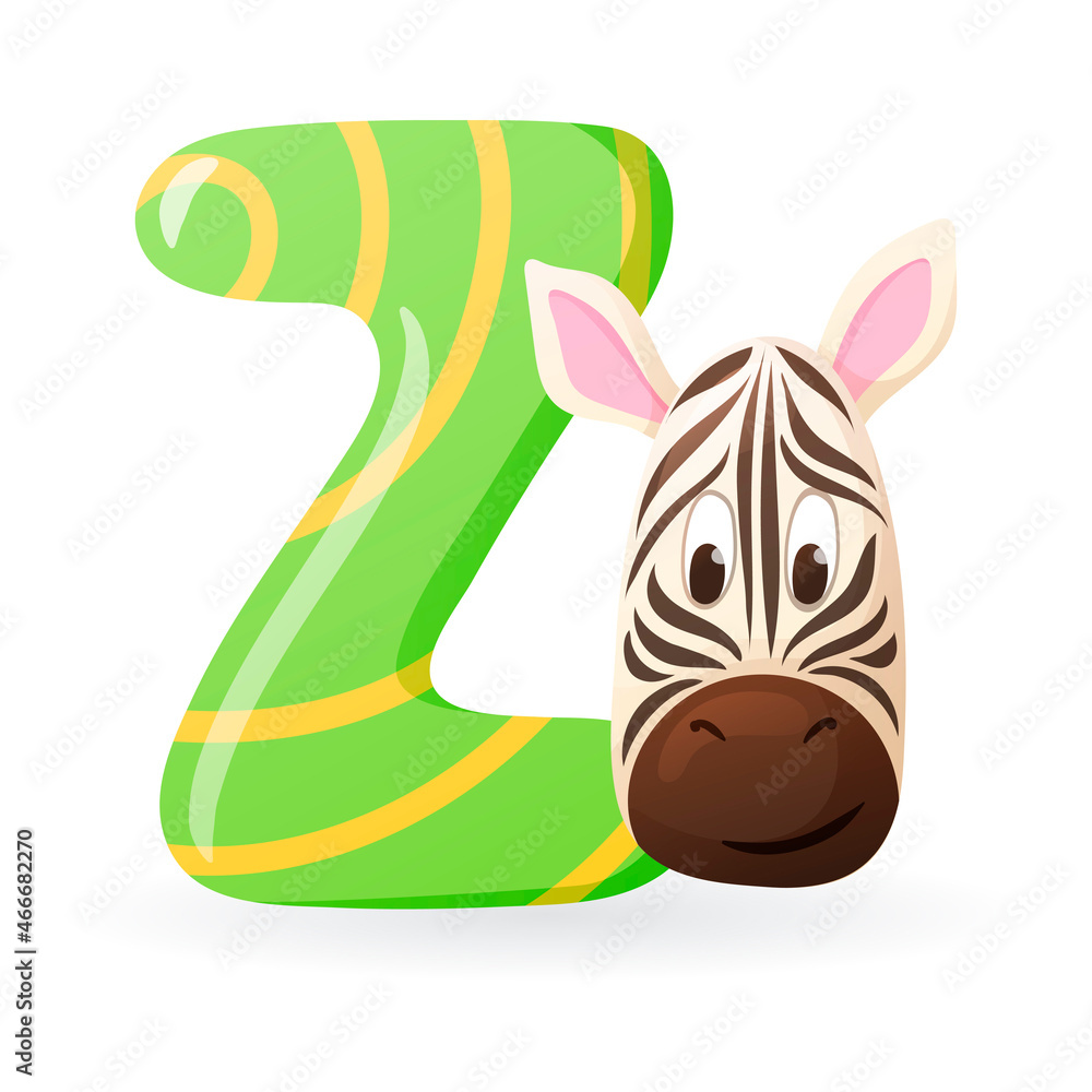 Kids banner with english alphabet letter Z and cartoon image of striped zebra head Kids banner with english alphabet letter Z and cartoon image of striped zebra head
