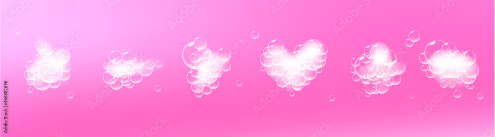 Soap foam pieces with bubbles isolated on pink background. Top view of sparkling shampoo and bath lather clouds. Vector. Soap foam pieces with bubbles isolated on pink background. Top view of sparkling shampoo and bath lather clouds. Vector.
